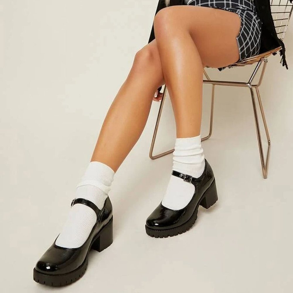Black Patent Mary Jane Block Heel Flats